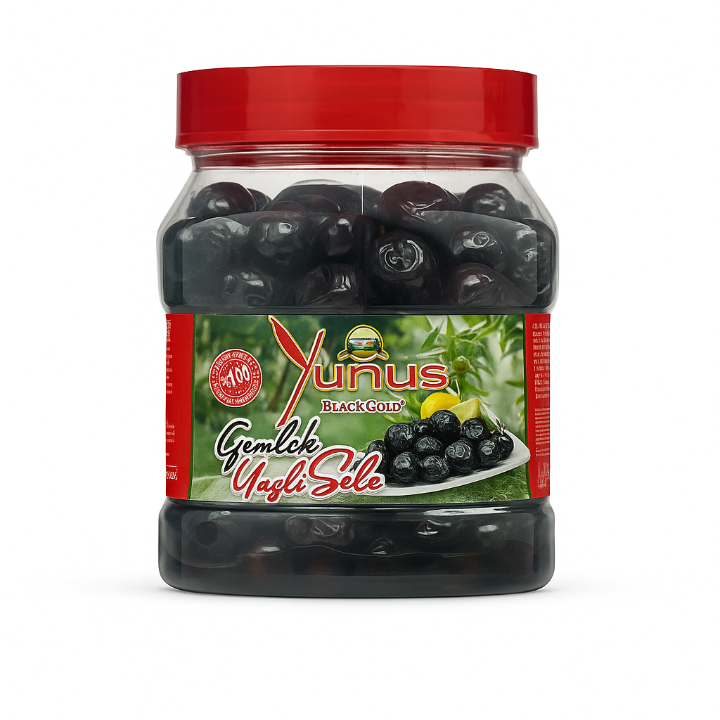 Măsline negre Gemlik naturale Yunus în ulei vegetal 800g bidon plastic